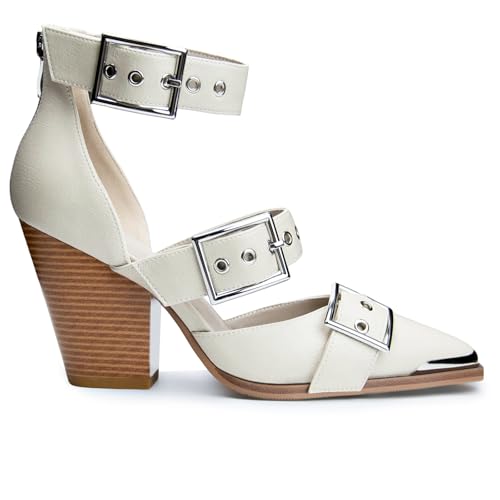 Migpuel Western Sandals for Women Chunky Heel Pointed Toe Pumps Metal Buckle Strappy Western Comfortable Bridal Shoes Beige