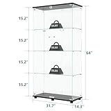 MODCART Glass Display Cabinet with 4-Shelf Double Doors and Lock, Curio Cabinet 5mm Tempered Glass Floor Standing Bookshelf for Living Room, Bedroom, Office, 64 x 31.7 x 14.3 in, Black