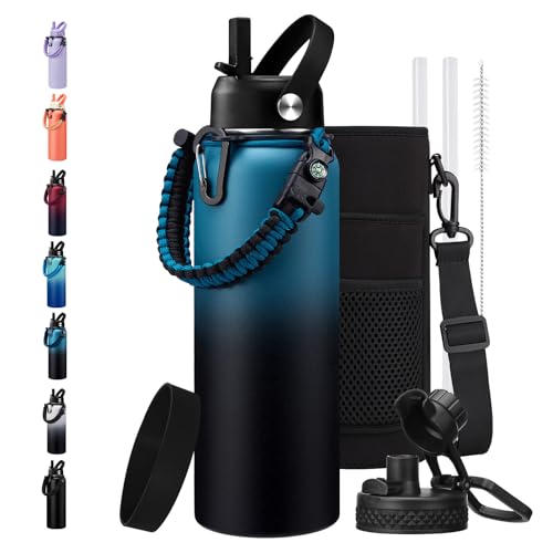 Insulated Water Bottle 40 oz - Keep Cold 48H & Hot-24H, Metal Water Bottle with Straw & Auto Spout Lid, Paracord Handle, Bottle Carrier Bag, Leak Proof Thermal Flask for Hiking Cycling Sport