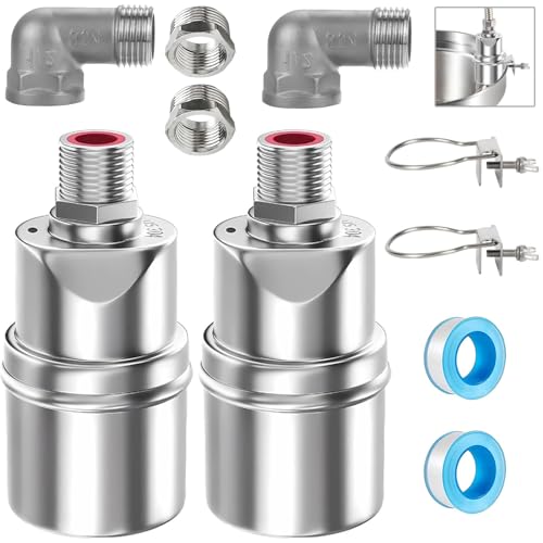 Float Ball Valve with Support, 1/2" 3/4'' 1''Auto Shut Off Ball Mini Float Valve, 304 Stainless Steel Fully Automatic Water Level Control Float Valve for Water Trough, Tank and Livestock(2 Pack)