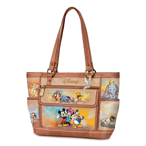 Disney Masterpiece Of Magic Beige Faux Leather Designer-Style Handbag Featuring A Whimsical Watercolor Print & Artwork Of Over 20 Beloved Characters