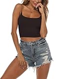 Amilia Women's Basic Solid Cami Spaghetti Double Layer Crop Tank Top (Black&White&Light Brown, S)