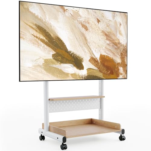 FITUEYES Rolling TV Stand Mount for 40 to 85 TVs，Mobile TV Floor Stand on Wheels with Large Storage Pegboard & Wooden Shelf,Heavy Duty TV Cart Hold Up to 132 lbs for Bedroom, Living Room, Office