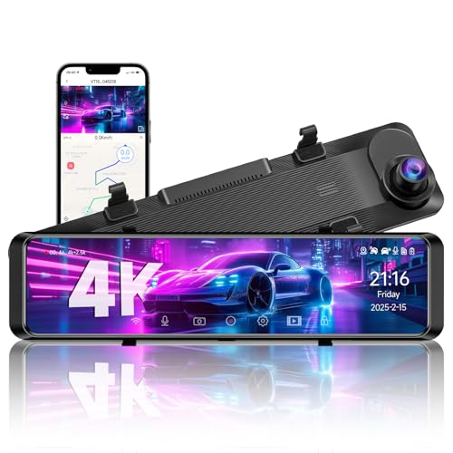TUIFAC 4K Rear View Mirror Camera, 12'' Mirror Dash Cam, 4K/2.5K Backup Camera for Car, WiFi/GPS Dash Cam Front and Rear with 32GB Card, APP, Voice Control, WDR Night Vision, Reverse Assist