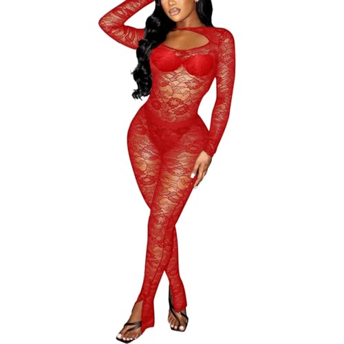 Kafiloe Birthday Outfits for Women Sexy 2 Piece Outfits Clubwear Mesh Lace Bodysuit Top Bodycon Flare Pants Set Red L