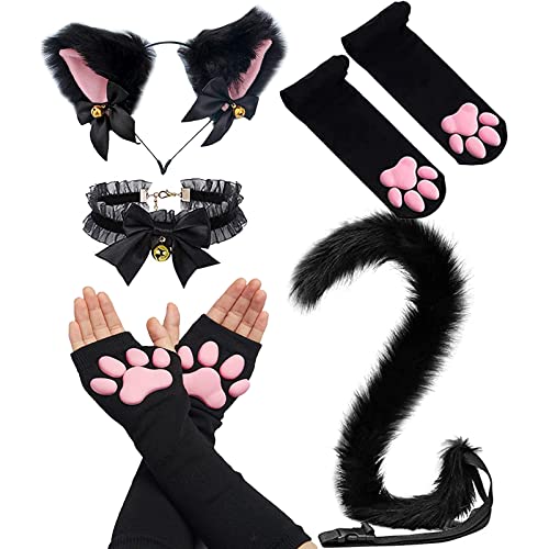 SIROLISA Cat Paw Costume, Cute Cat Paw Toe Beans Gloves Socks with Cat Ear Cat Tail Cat Choker Cosplay Set for Women Girls(Black)
