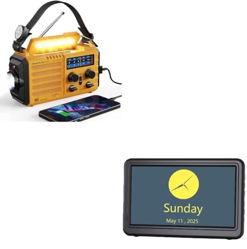 Raynic Weather Radio, 5000mAh/18500mWh NOAA Weather Radio, Solar Hand Crank Emergency Radio and Alarm Clock, 7 Inch Digital Calendar Clock with 12 Themes, 20 Alarms, 20 Reminders, 2 Brightness