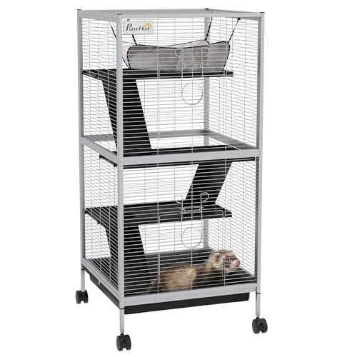 PawHut Metal Small Animal Cage, 4-Tiers Rolling Big Ferret Cage with Hammock, Removable Tray, for Chinchilla, Sugar Glider, White
