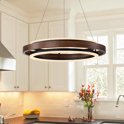 HUOKU Modern Wooden LED Chandelier, 24" Dimmable Farmhouse Walnut Color Round Dining Room Light Fixtures, 2 Ring Wood Hanging Pendant Light for Kitchen Island Entryway Foyer Living Room
