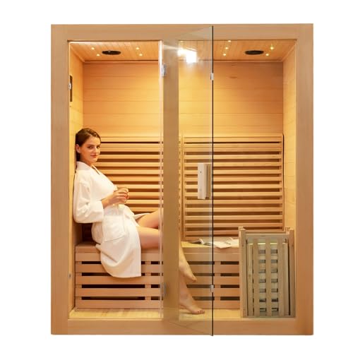 ZONEMEL Wooden Steam Sauna Room, 2 Person Canadian Hemlock Luxurious Indoor Sauna with 3.5 KW Harvia Stove Heater, Bluetooth Speaker, Sauna Stone, Wooden Bucket, Scoop, Reading Light, Hourglass
