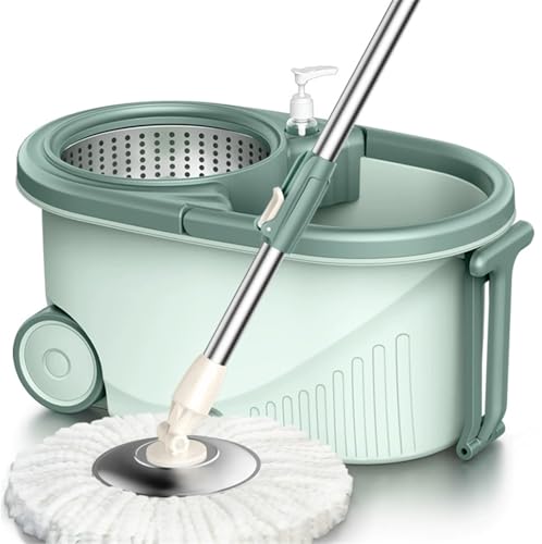 Rotating mop Hand wash Free Hand Pressure Automatic Drying Stainless Steel Plate Mop Bucket, Yellow 2 mop Heads