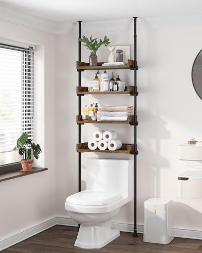 ALLZONE Bathroom Organizer, Over The Toilet Storage, 4-Tier Adjustable Wood Shelves for Small Rooms, Saver Space Rack, 92 to 116 Inch Tall, Narrow Cabinet, Rustic Brown