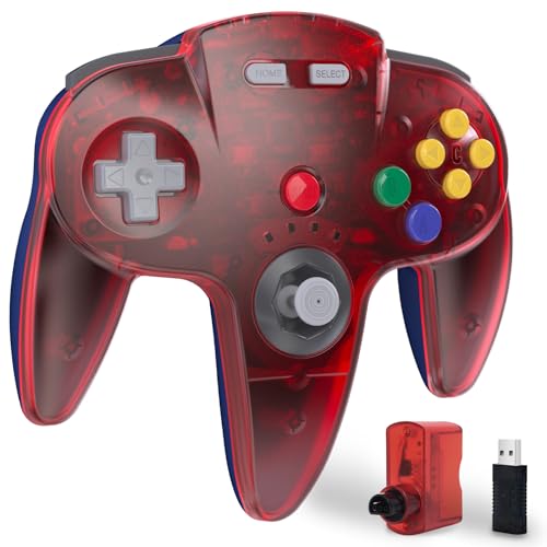 KIWITATA Wireless N64 Controller for Switch Console, 2.4GHZ Rechargeable N64 Wireless Remote Joystick Game Pad Controller Compatible with N64 System, Raspberry Pi, MAC,PC Windows 7,8,10,11 Clear Red