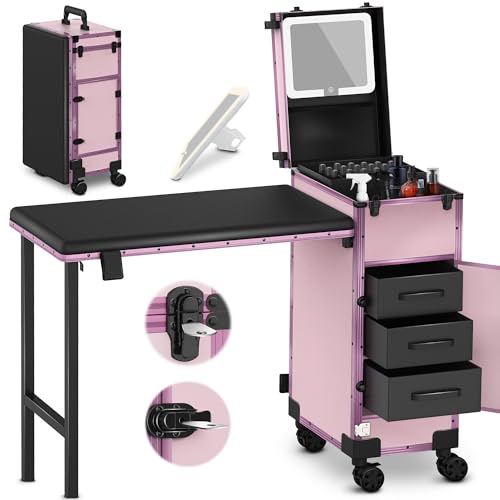 EASYINBEAUTY Rolling Portable Manicure Table with 3 Drawers, Mirror & Nail Polish Organizer, Lockable Makeup Train Case with Foldable Nail Desk, Cosmetic Travel Case for Workstation Mobile, Nail tech