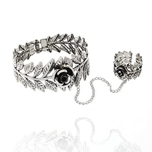 Asphire Gothic Leaf Vine Bracelet with Finger Ring Retro Silver Rose Slave Bracelet Punk Hip Hop Hand Finger Chain Harness Wrist Jewelry for Women