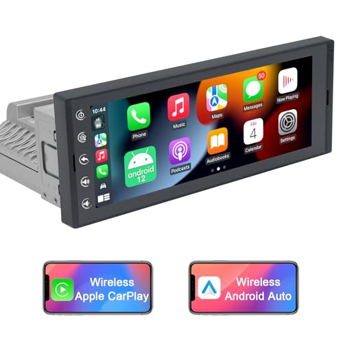 6.9 Inch Single Din Touchscreen Car Stereo with Wireless CarPlay & Wireless Android Auto, Android 10 Single Din Radio Multimedia System, GPS, Bluetooth, WiFi, FM, SWC, USB