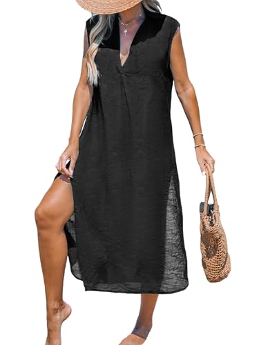 CUPSHE Women's Swimsuit Coverup Casual Sleeveless Side Split Midi Beach Dress V Neck Long Cardigans Black, XL