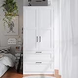 Fddevelop Wood White Wardrobe Closet with 2 Doors and Drawers，Bedroom Freestanding Armoire Storage Cabinet with Shelves，Wooden Wardrobe Combination for Hanging Clothes (White 2 Drawers)