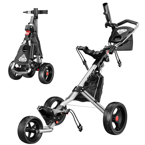 Alllion Golf Push Cart 3 Wheel, Golf Cart Foldable, Multiple Functions Golf Bag Cart for All Ages with Adjustable Handle - Lightweight & Easy Fold Design for Easy Transportation - 12lbs - Silver