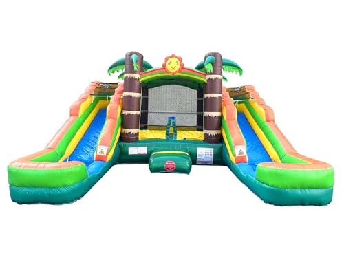 Crossover Tropical Inflatable Bounce House with Double Inflatable Water Slides for Kids, 16.5 x 15 x 11 Foot, Bouncy House for Kids, Commercial Outdoor Party Bouncer with Stakes and Storage Bag