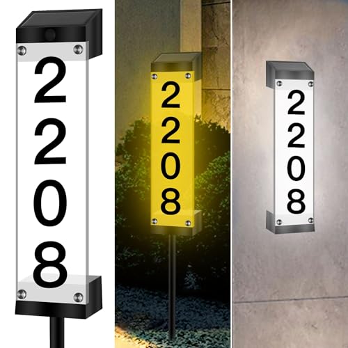 Tomskiko Solar House Numbers for Outside, Lighted Solar Address Sign Plaque Address Numbers for Houses Waterproof LED Solar Powered Address Sign with Stakes for Outside Home,Yard,Street (3000K-6000K)