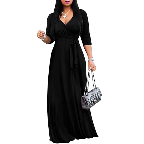 FANDEE Plus Size Maxi Dress for Women - Casual Summer Sundress V-Neck 3/4 Sleeve Solid Black L