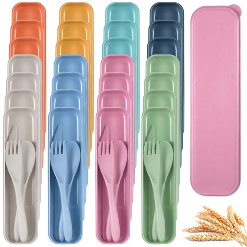 28 Sets Reusable Travel Utensils, Wheat Straw Cutlery Set 7 Assorted Colors, Portable Fork Spoon Cutter with Case, Lunch Box Tableware Set, Utensil Set for School Picnic Travel Outdoor Activities