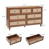 ORRD 7 Drawer Dresser for Bedroom, Mid Century Modern Wide Wood Vintage Chest of Drawers Wooden Storage Organizer Burlap Rattan Drawers for Living Room, Hallway Closet, Entryway, Walnut