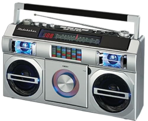 Studebaker SB2149S Master Blaster Bluetooth Boombox with 3 Way Power, AM/FM Radio, USB Port, CD Player with MP3 Playback, LED EQ and 10 Watts RMS Power in Silver