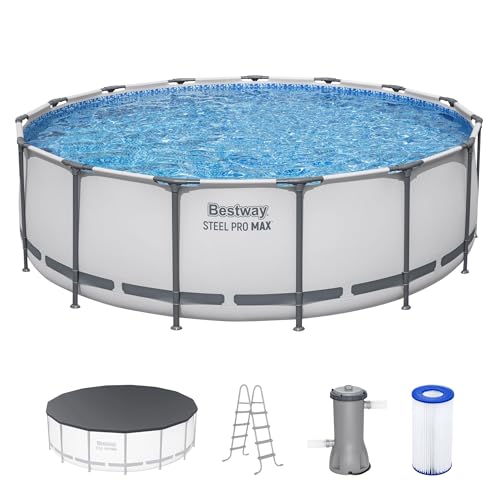 Bestway Steel Pro MAX 15 Foot by 48 Inches Round Above Ground Family Swimming Pool Set Outdoor Steel Frame with Filter, Pump, Ladder, and Cover, Gray