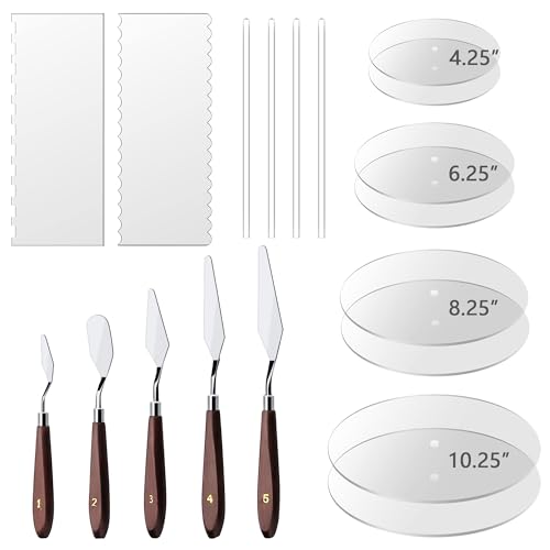 Boyun Acrylic Cake Disc, Clear Cake Decorating Supplies with 8 Round Acrylic Discs, 2 Icing Scraper And 4 Center Dowel, 5 Cake Cream Spatula, Acrylic Discs For Icing Cakes(4.25/6.25/8.25/10.25 Inch)