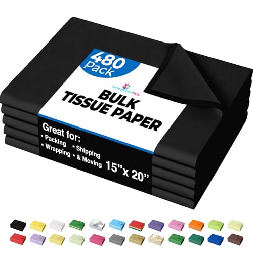 Black Tissue Paper for Gift Bags - 15" X 20" Bulk Tissue Paper Black 480 Sheets - 10lb Newsprint for Packing, Birthday Gift Box Filler, Packing Supplies for Moving Supplies Crown Display