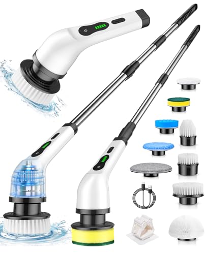 Electric Spin Scrubber, Cordless Cleaning Brush, Shower Scrubber with 9 Brush Heads 2H Power Dual Speed, Adjustable Extension Handle, IPX7 Waterproof for Tub Tile Floor Car, O-White