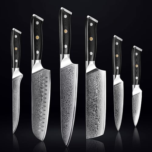 SENKEN 6-Piece Damascus Steel Kitchen Knife Set - Shogun Collection - 67-Layer Japanese VG10 Steel - Chef's Knife, Cleaver Knife, & More, Extremely Sharp Blades for Effortless Cutting, Luxury Gift Box
