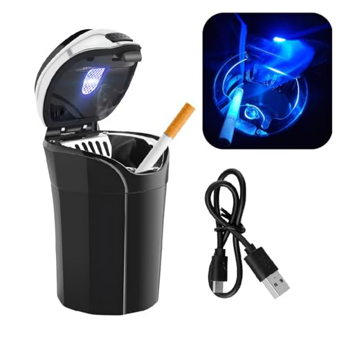 povtii Car Ashtray with Lid, Rechargeable Stainless Auto Ashtray with LED Light Indicator, Portable Smell-Proof Ashtray Cup with Lid & Detachable Cigarette Lighter, Car Accessories (Silver)