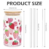 Whaline 2 Pack Strawberry Iced Coffee Cup Red Pink Strawberry Flower Drinking Glasses Cute Beer Can Glass with Lid Straw Cleaning Brush for Home Office Gifts,16oz