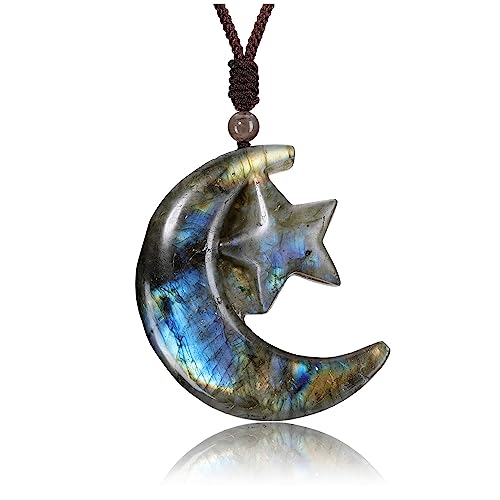 Jovivi Labradorite Crystal Necklace for Men Women Natural Gemstone Carved Moon Star Healing Stone Protection Amulet Pendant Necklace with Adjustable Rope