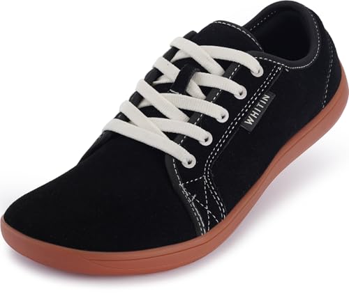 WHITIN Men's Wide Width Fashion Leather Barefoot Sneakers Zero Drop Sole Minimus Casual Size 10W Minimalist Training Fitness Outdoor Black Gum 44
