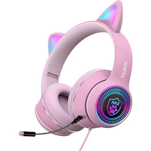 Cat Ear Gaming Headphones Wired AUX 3.5mm with LED Light, VIGROS Flashing Stereo Game Headphones Surround Sound Over-Ear Headsets with Microphone Fit Kids & Adult for PC, PS4, Switch, Mobile, Laptop