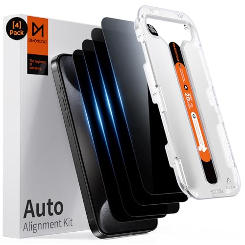 DIMONCOAT 4-PACK Privacy Screen Protector Compatible with iPhone 15 Pro Max [Auto Alignment Kit] [10X Military Protection] 15 Pro Max 6.7 inch Tempered Glass Film [Case Friendly]