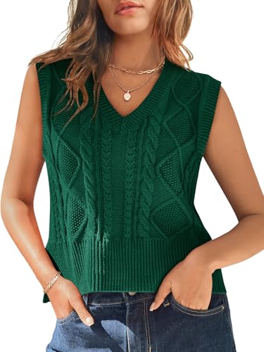 Sweater Vest for Women V Neck Sleeveless Knit Solid Casual Ribbed Preppy Pullover Tops Green L
