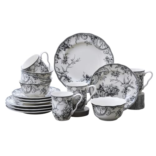 222 Fifth Adelaide 16-Piece Black Porcelain Dinnerware Set – Service for 4, Featuring Hand-Applied Romantic Woodland Bird Design, for Everyday Dining & Entertainment, Microwave & Dishwasher Safe