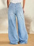 Flamingals Wide Leg Jeans for Women Drawsting Mid Waist Baggy Jeans Belted Wash Stitch Detai Trouser Jeans Light Blue M