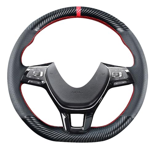 Kivnto DIY Stitching Carbon Fiber Steering Wheel Cover for Volkswagen VW Arteon Atlas Jetta Passat e-Golf Golf Sportwagen Alltrack Ti-guan 2015-2021 Black 15 inches Leather Interior Accessories