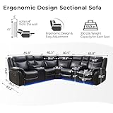 Manual Sectional with Recliners,Ambient Floor Lighting,Faux Leather Reclining Sectionals Sofa for Living Room L Shape Corner Couch with AC/USB Port,Cup Holder, Storage Console,2 Recliner Seat,Black