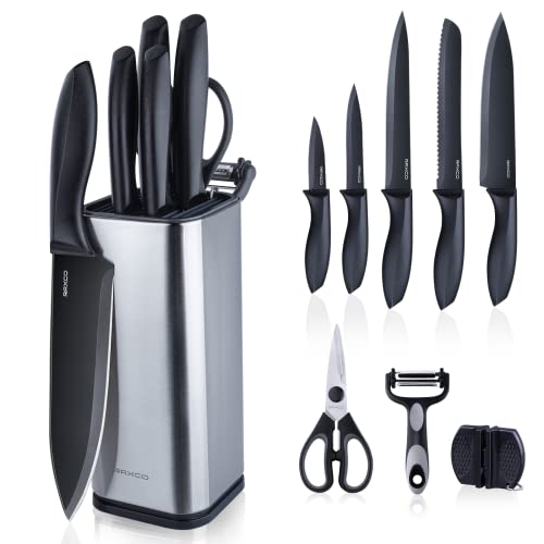 RAXCO Knife Set with Block,10-Piece Kitchen Knives Stainless Steel,Pro-Sharpened for Cooking,Slicing,Mincing,Dicing,Black
