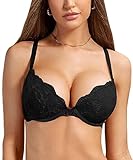 DOBREVA Women's Push Up Lace Bra Underwire Plunge Full Coverage Bras Sexy Plus Size Support Black 32C