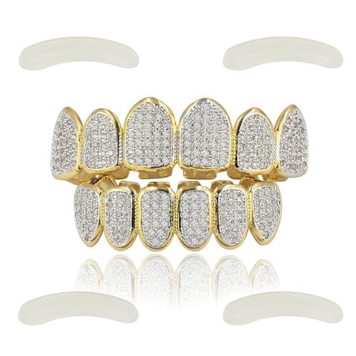 JINAO Gold Diamond Grill for Your Teeth 18k Gold Plated All Iced Out Luxury Cubic Zirconia Mouth Teeth Grillz Set with Extra Molding Bars Included for Men Women(Classic Set)