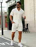 URRU Men's Outfits 2 Piece Short Set Short Sleeve Casual Button Down Summer Outfits White S