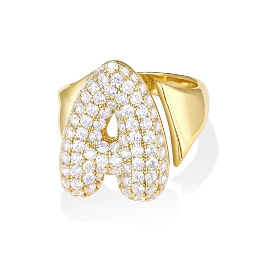 KissYan Bubble Initial Ring for Women, 14k Gold Plate Balloon Jumbo Letter Rings Open Adjustable Dainty Pave CZ Personalized Fashion Trendy Statement Jewelry Gift (Gold A)